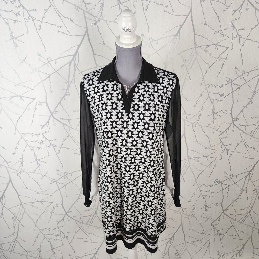 Style & Co Black White Geometric Print Stretch Knit Collared Tunic